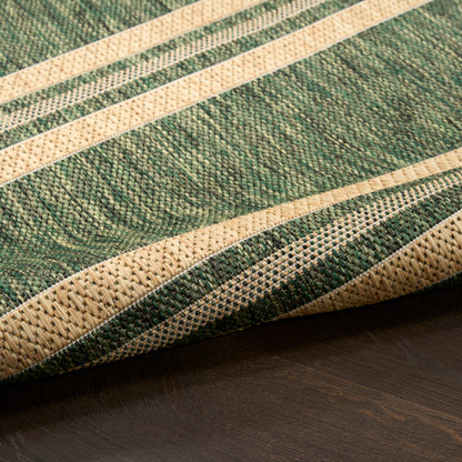 Green and beige striped woven rug with natural jute texture on dark wood floor.