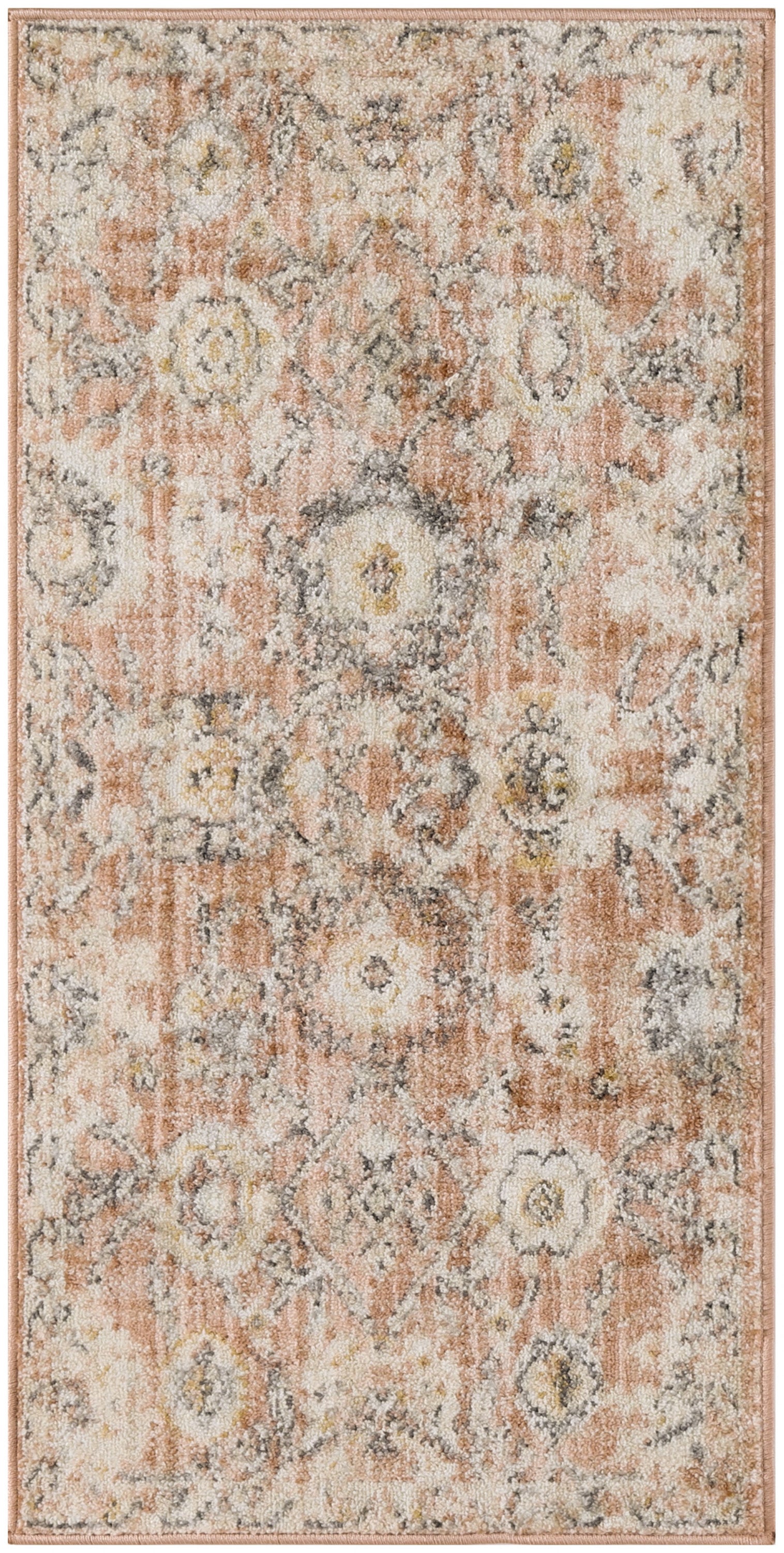 Peach vintage oriental rug with ivory and gray floral medallions; distressed look, soft yellow accents, rectangular.