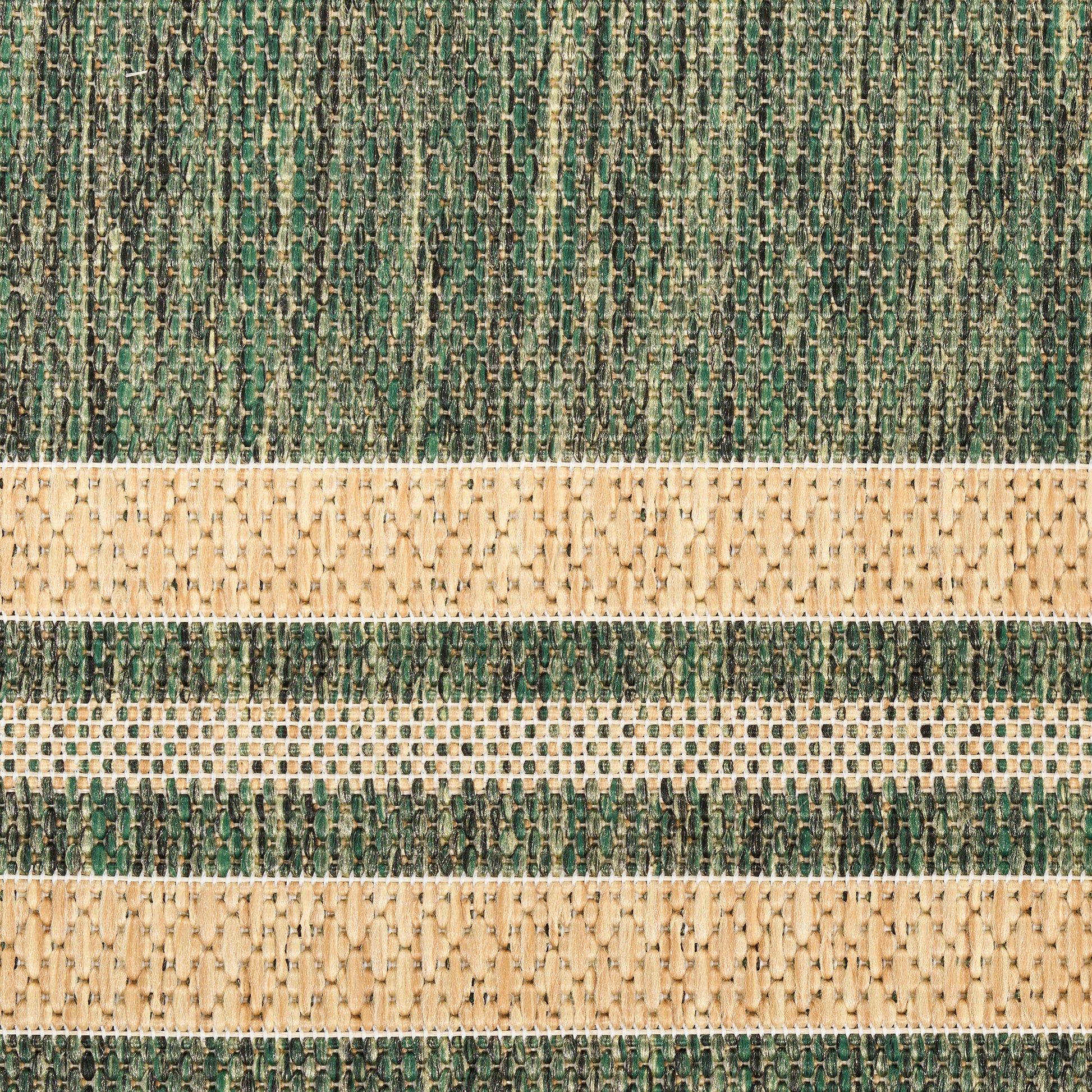 Woven striped rug in green and beige with a textured basket-weave pattern.