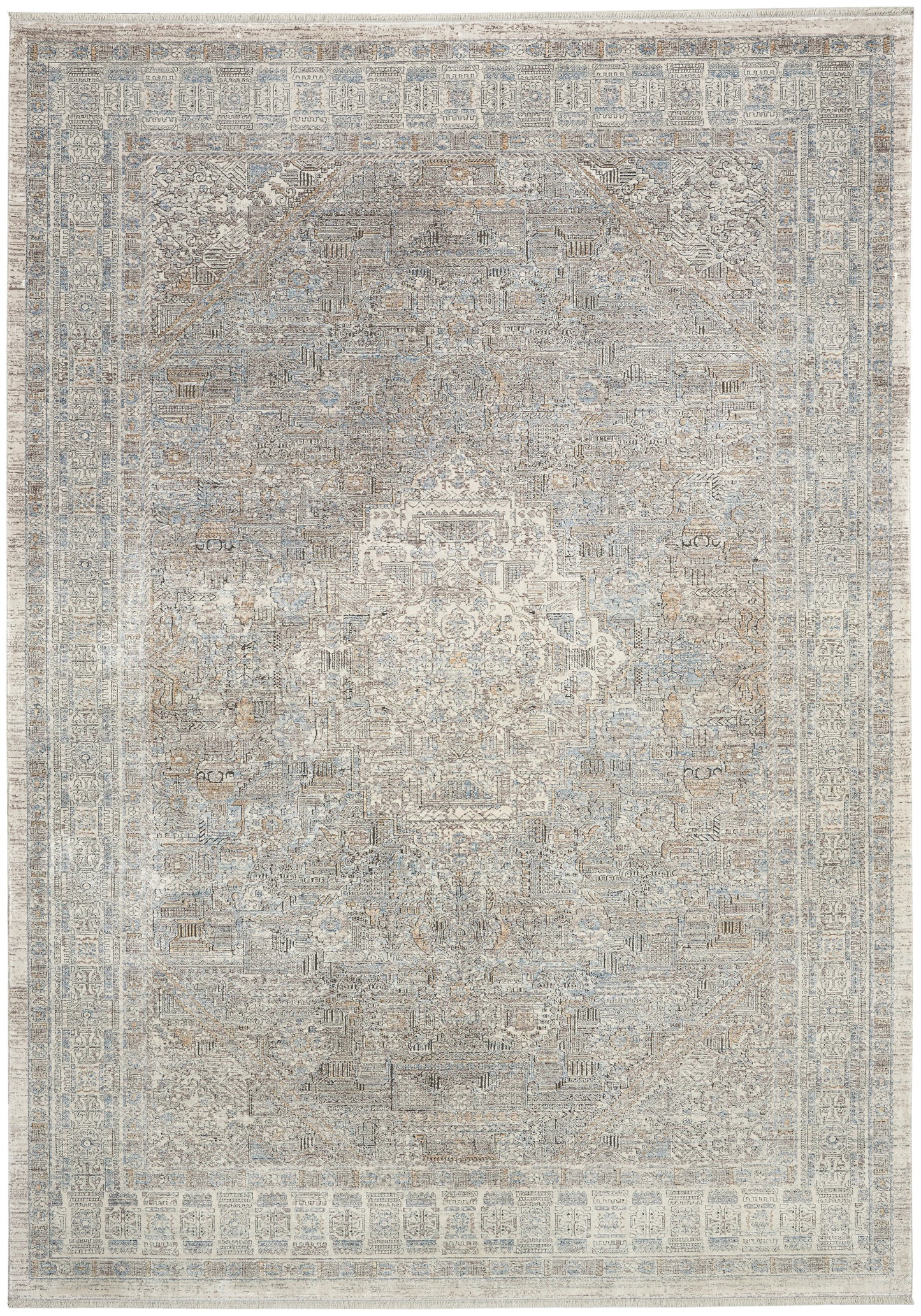 Distressed antique-style oriental area rug in muted blue, gray & ivory tones with a central medallion and ornate border.