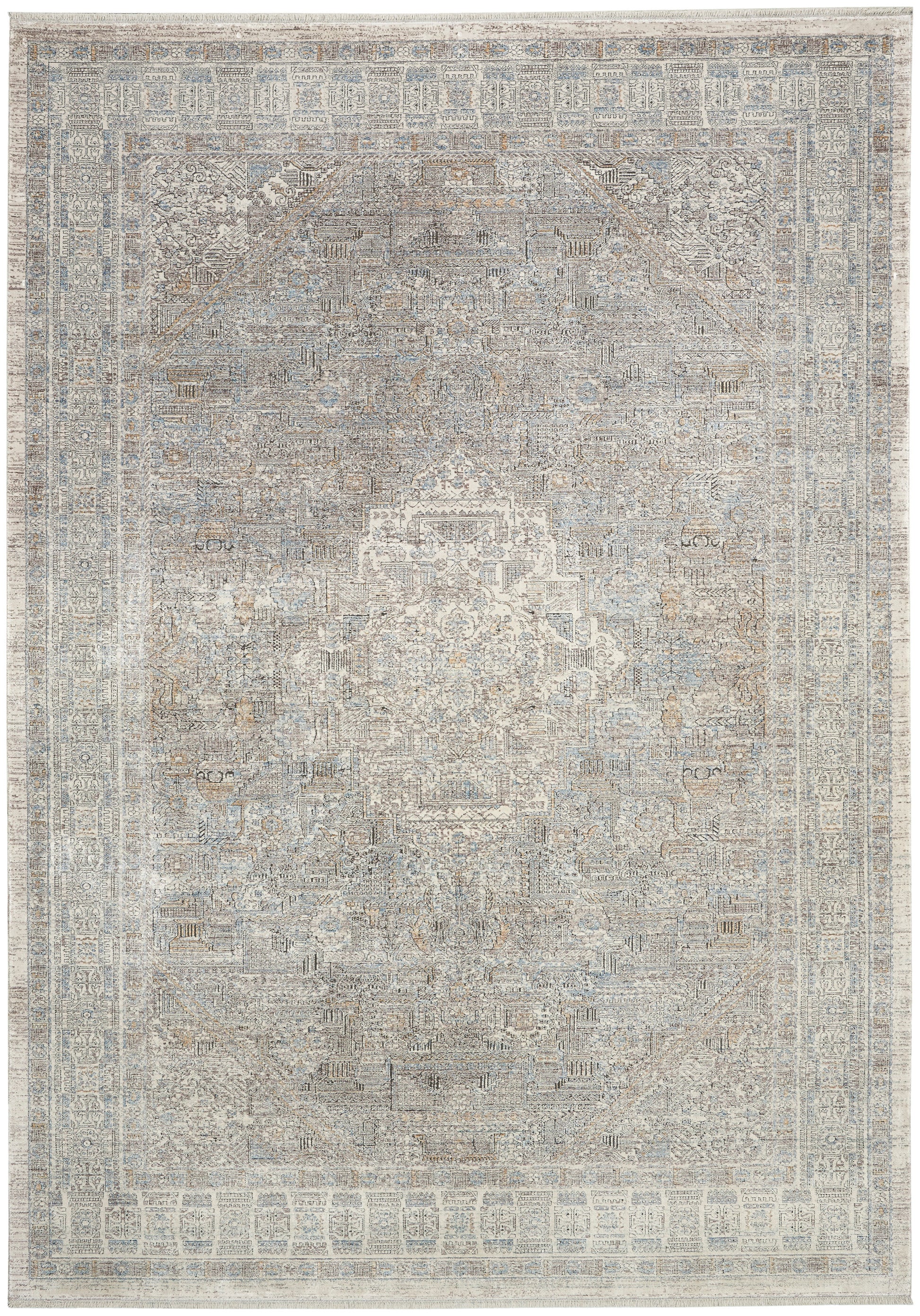Distressed antique-style oriental area rug in muted blue, gray & ivory tones with a central medallion and ornate border.