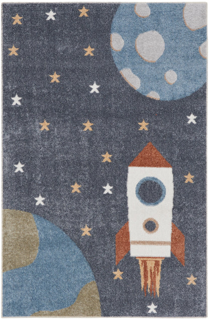 Dark navy space-themed rug with a white-and-orange rocket, yellow stars, and blue planets.
