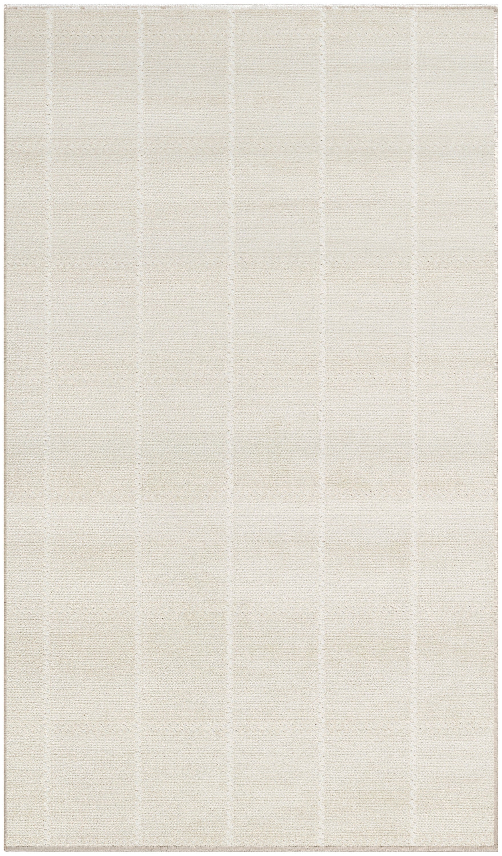 Cream textured rug with a subtle grid pattern of light vertical and horizontal lines; neutral decor.