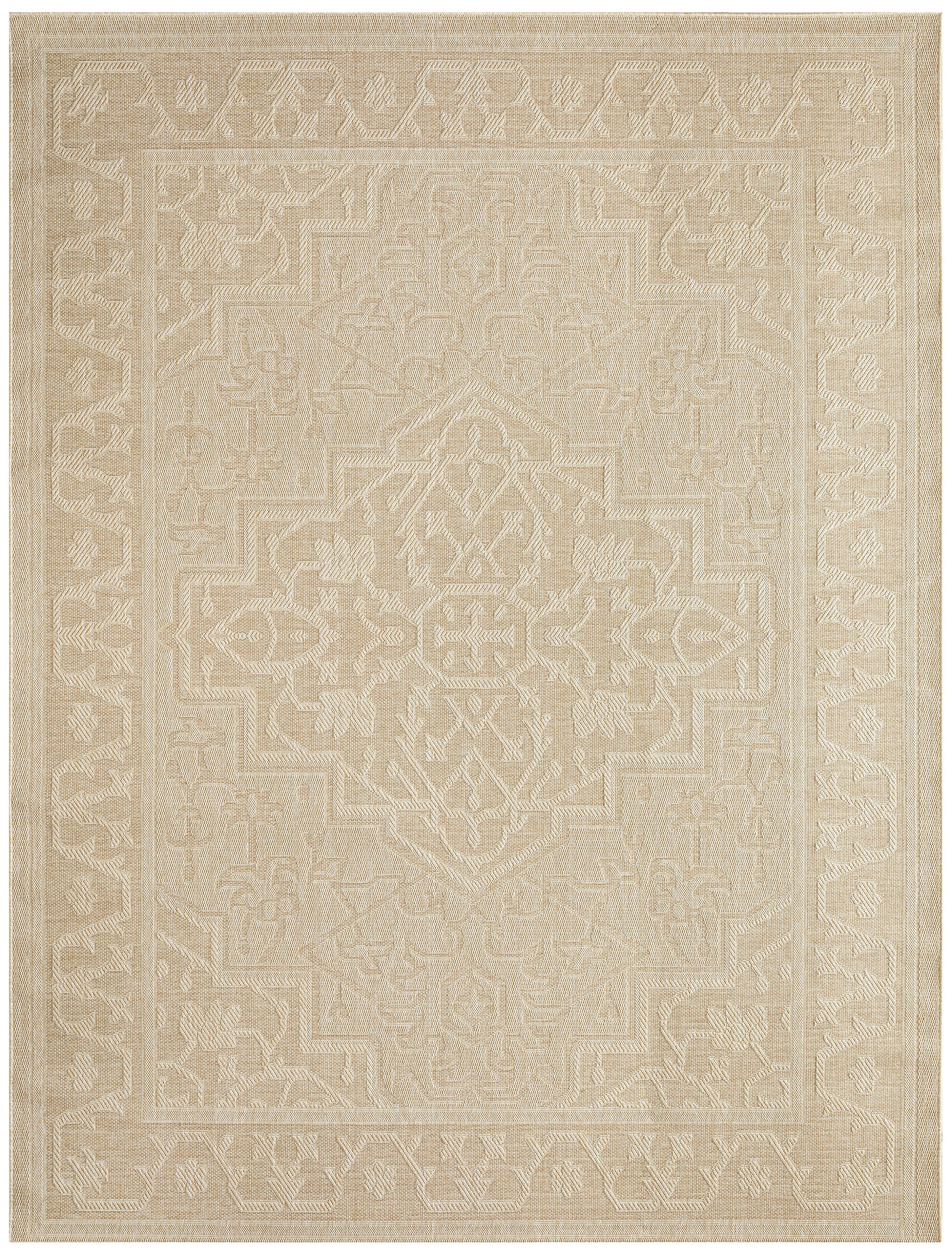 Beige area rug with an intricate light-tan central medallion and ornate border, subtle textured weave.