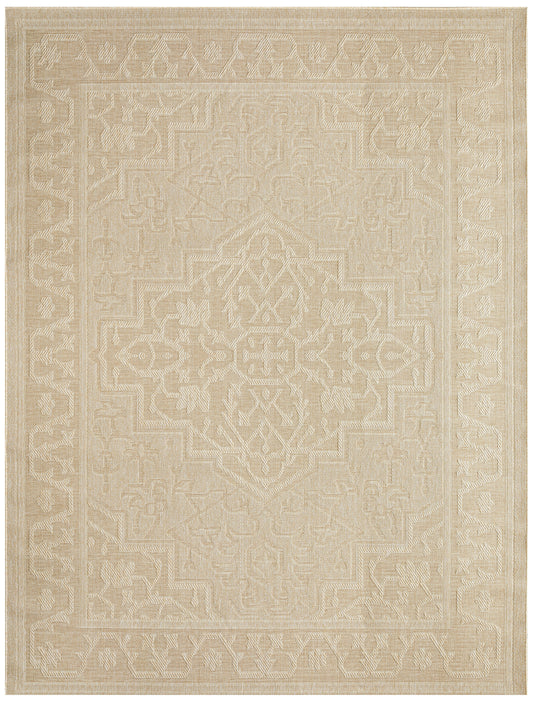 Beige area rug with an intricate light-tan central medallion and ornate border, subtle textured weave.