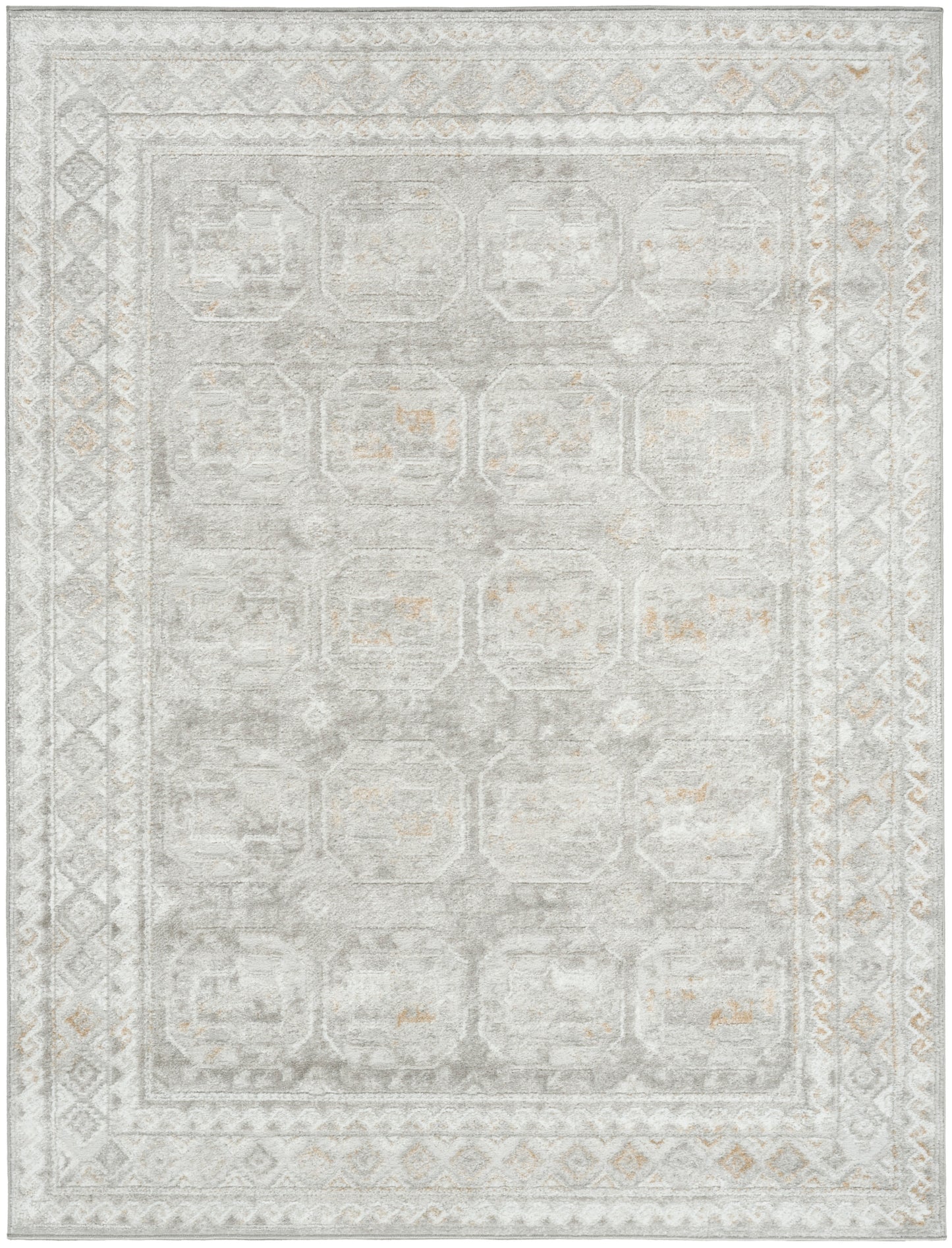 Light gray distressed oriental-style area rug with pale geometric medallions & layered borders; soft, versatile decor.