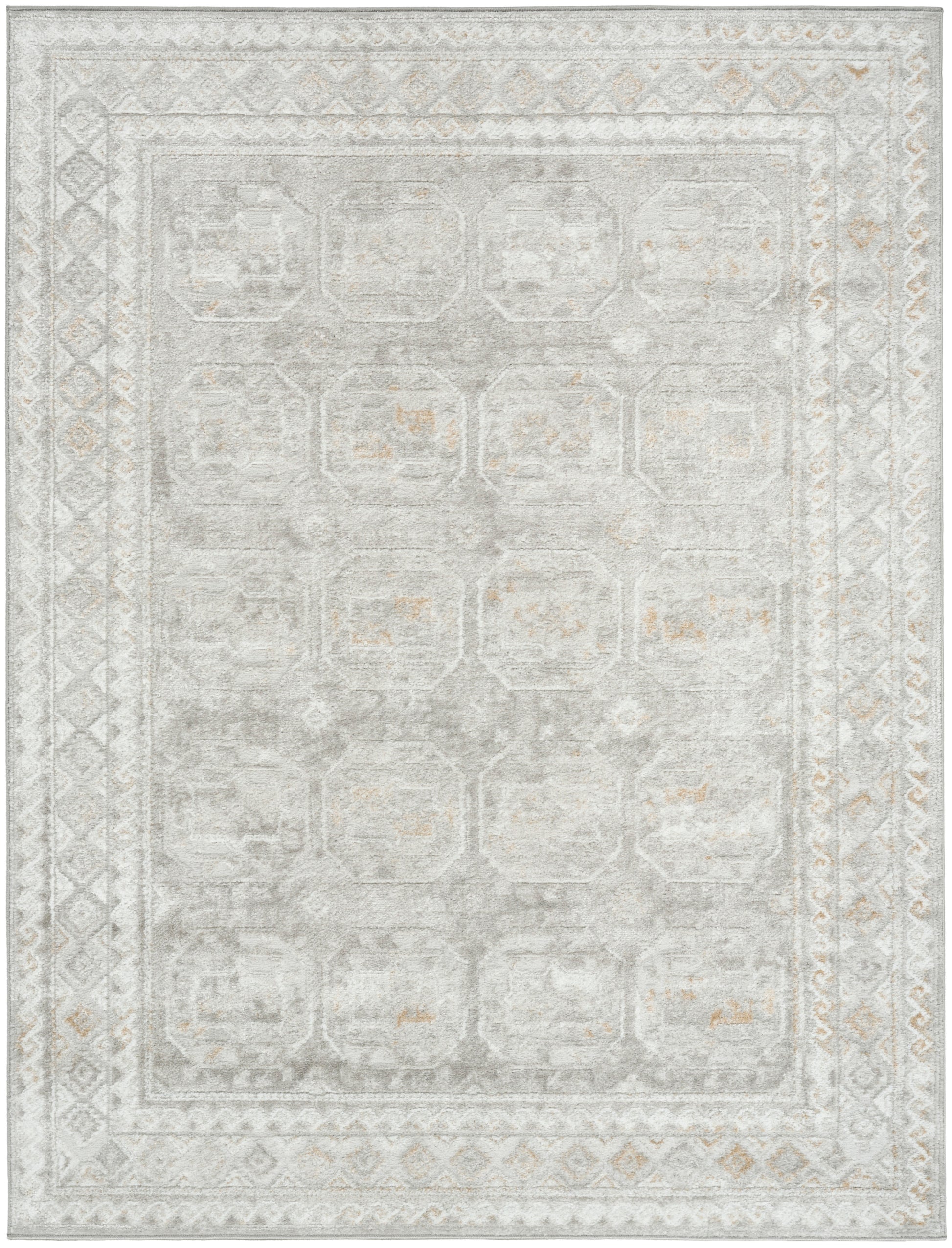 Light gray distressed oriental-style area rug with pale geometric medallions & layered borders; soft, versatile decor.