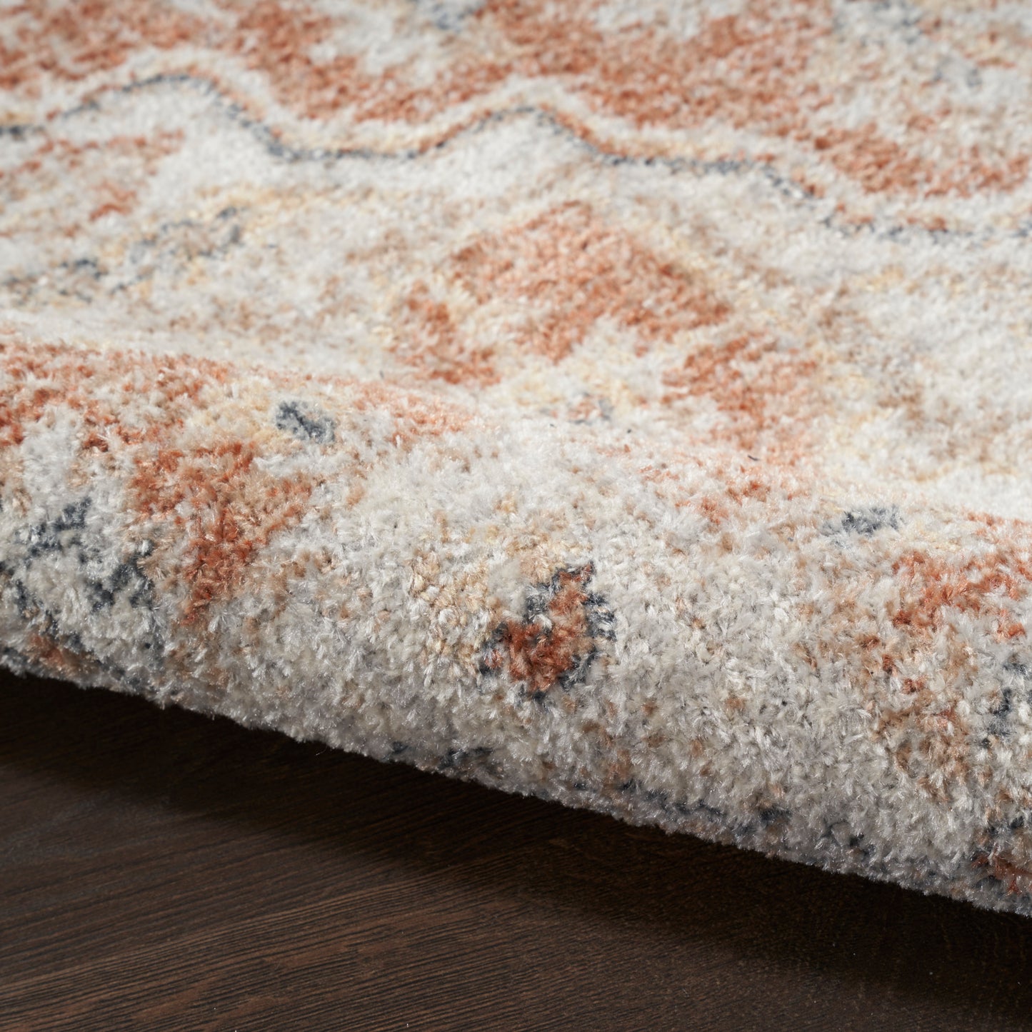 Close-up of a plush shag rug with beige, orange and blue tones on a dark wood floor