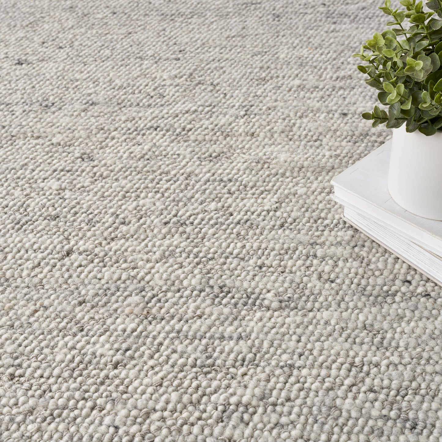 Beige-gray textured shag rug with a small potted plant atop a stack of white books.