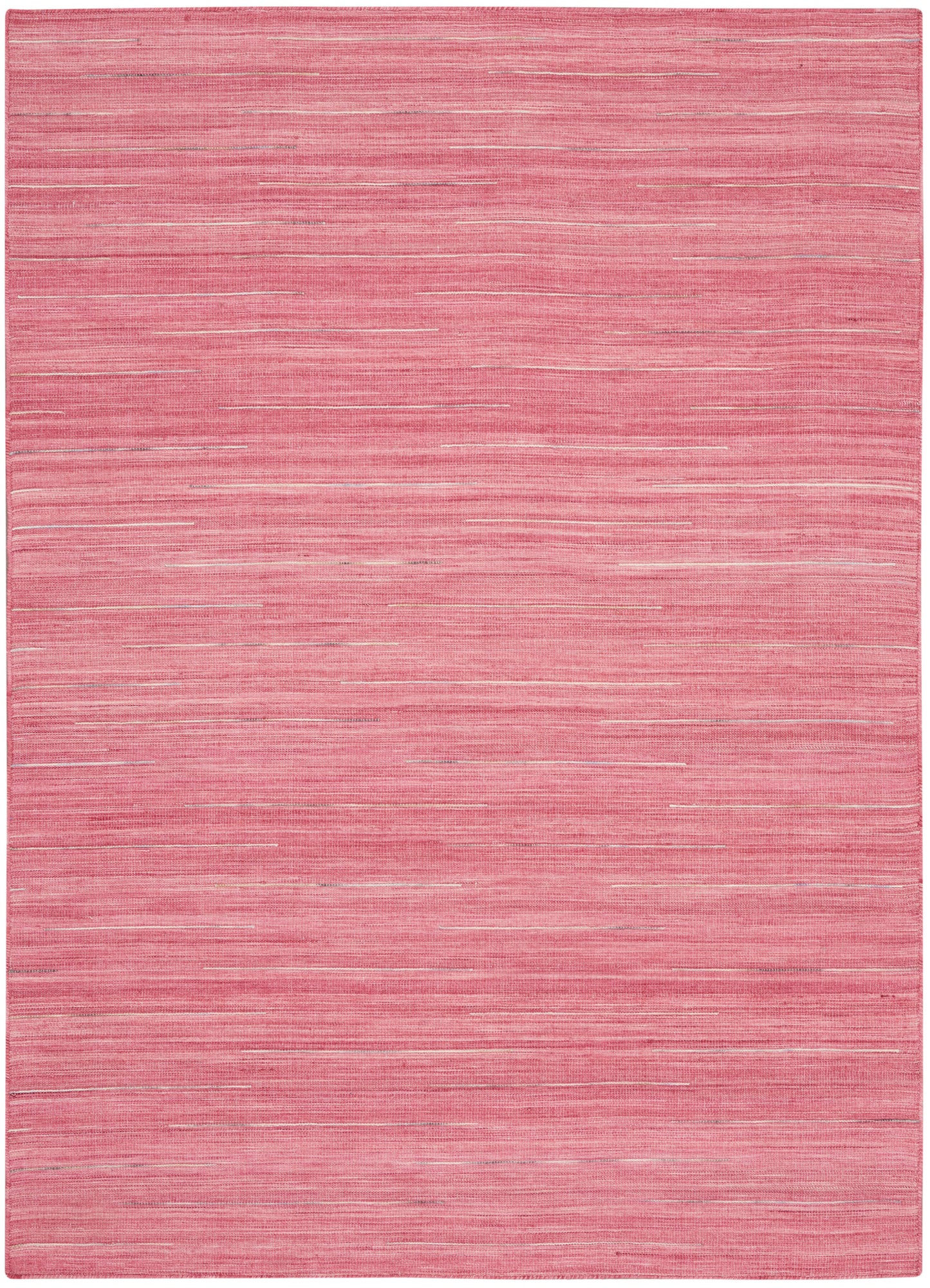 Pink rectangular area rug with subtle white and darker pink horizontal streaks; modern flat-weave.