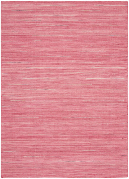 Pink rectangular area rug with subtle white and darker pink horizontal streaks; modern flat-weave.