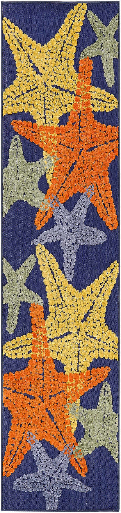 Navy blue rectangular runner rug with large textured stars in yellow, orange, olive green, and gray.