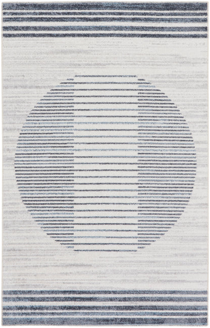 Light gray rug with a large circular motif of navy blue horizontal lines and matching top/bottom border stripes.