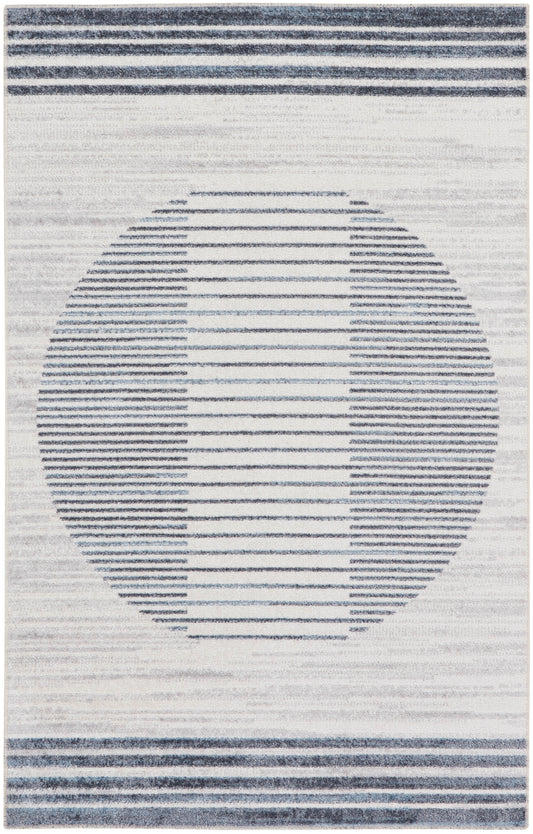 Light gray rug with a large circular motif of navy blue horizontal lines and matching top/bottom border stripes.