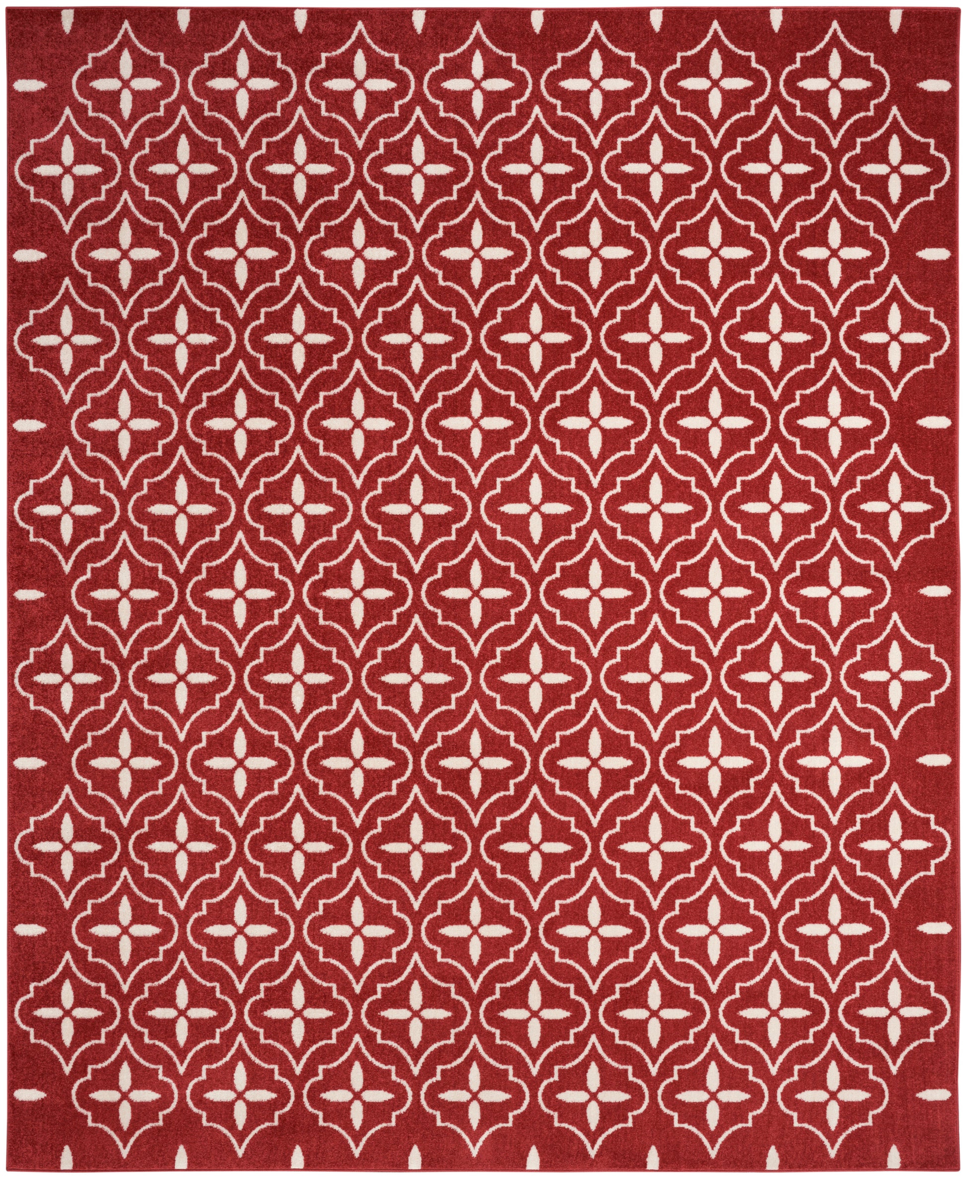 Red rectangular rug, 6' x 9', with a repeating white quatrefoil lattice pattern and a dashed edge.