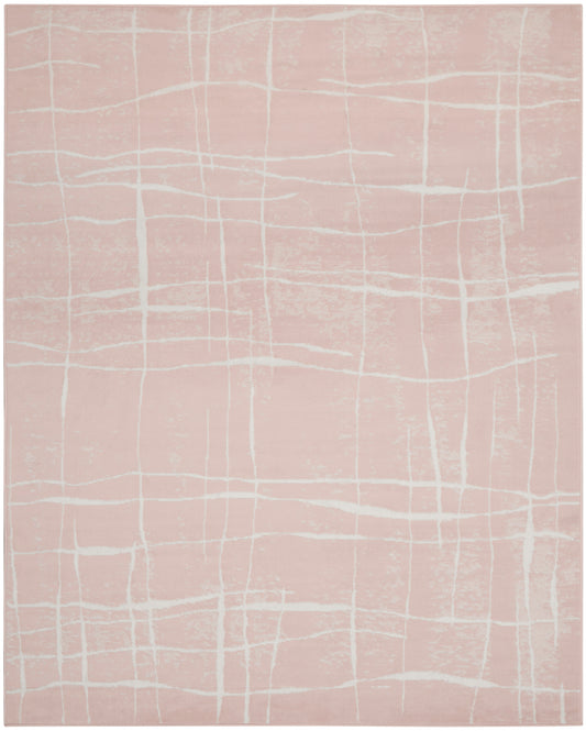 Soft pink rug with white grid-like lines for a modern, subtle geometric look.