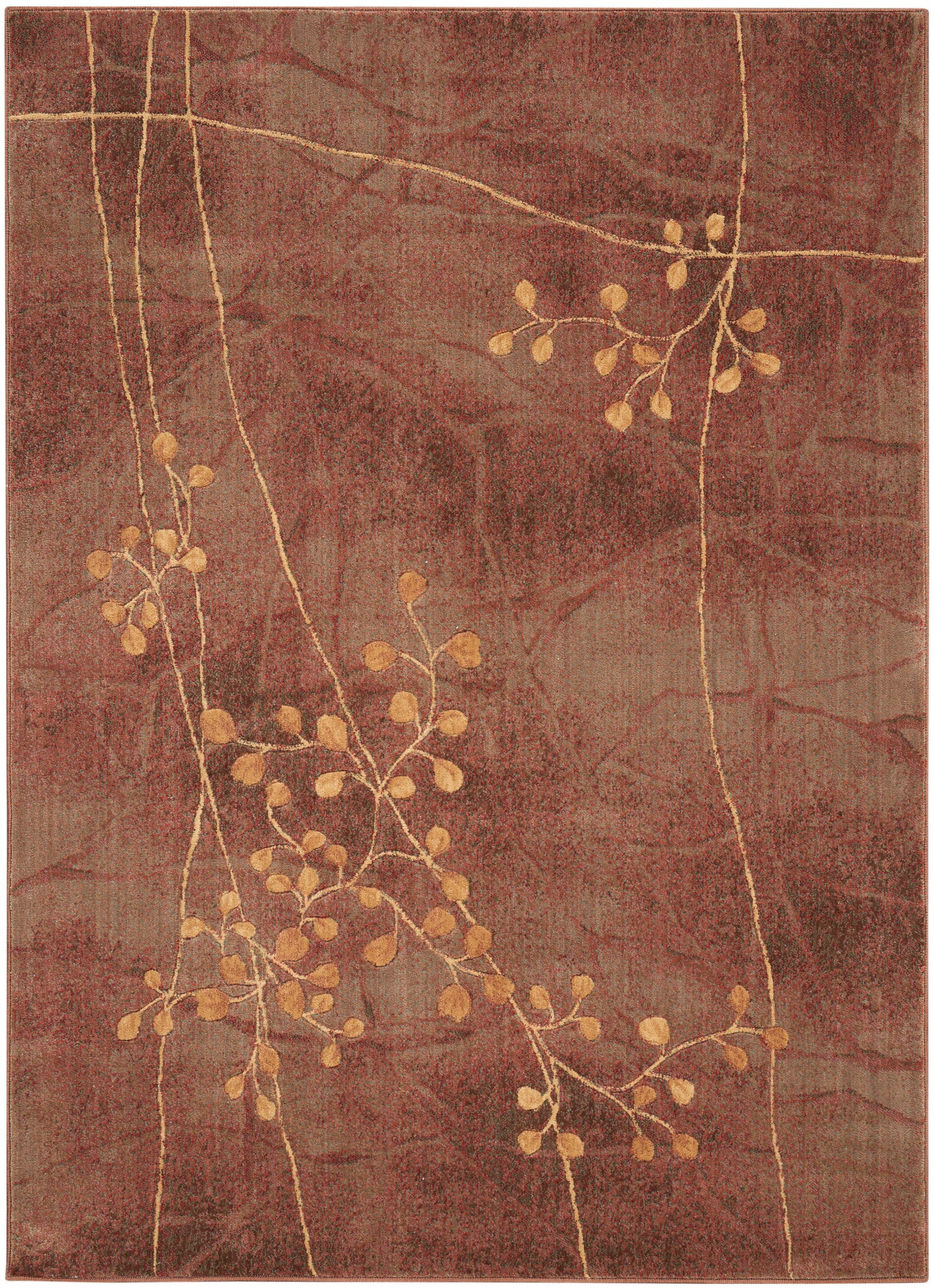 Rust-red area rug with pale gold vine and leaf motif; slender branches weave across warm, textured surface