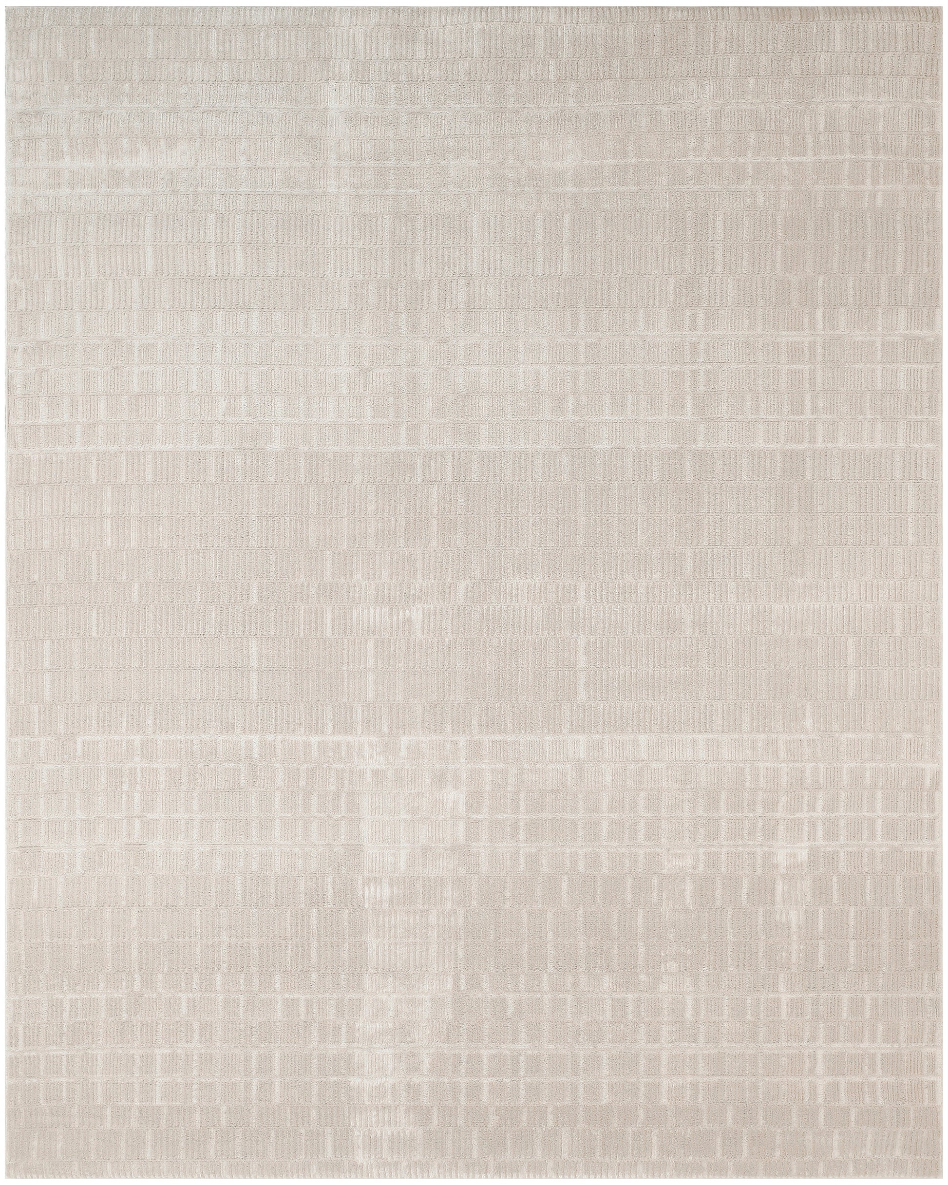 Beige rectangular area rug with subtle woven grid pattern and soft texture; modern minimalist style.