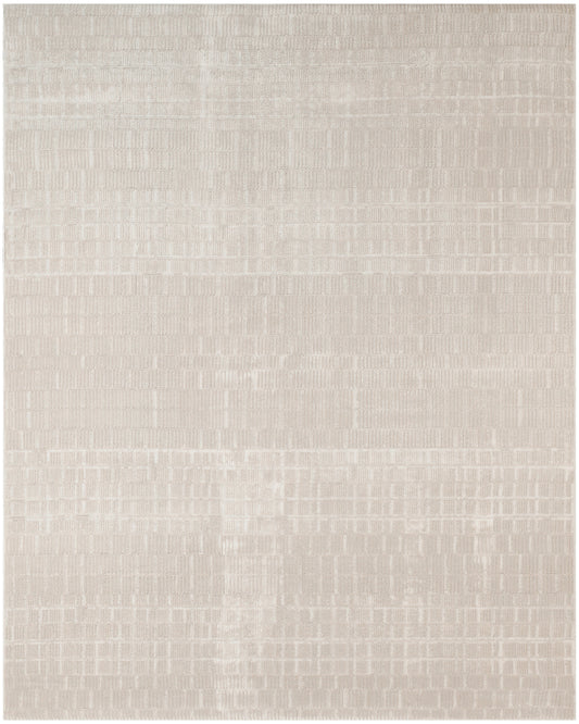 Beige rectangular area rug with subtle woven grid pattern and soft texture; modern minimalist style.