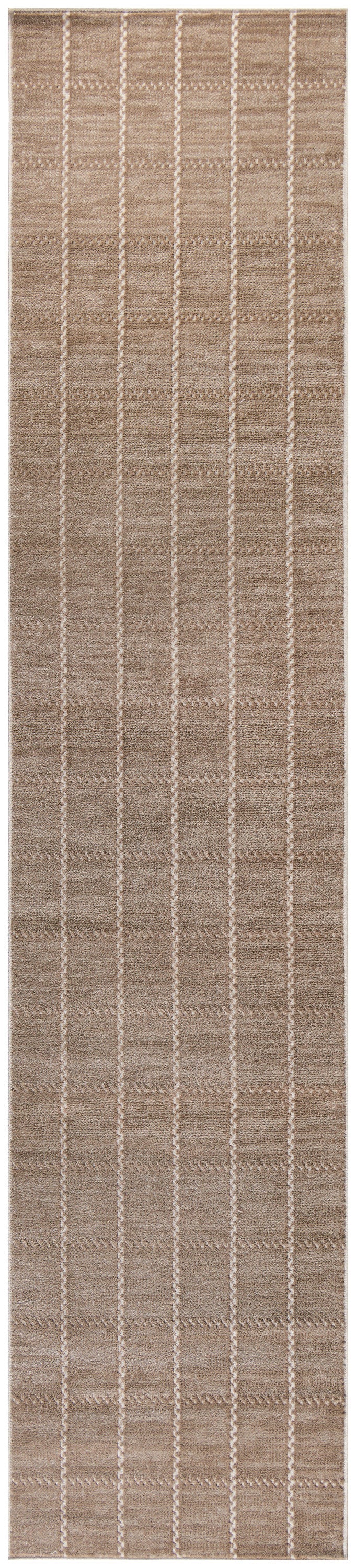 Taupe woven rug runner with white stitched grid lines; flatweave natural fiber, modern geometric decor.