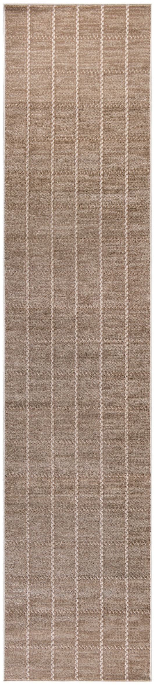 Taupe woven rug runner with white stitched grid lines; flatweave natural fiber, modern geometric decor.
