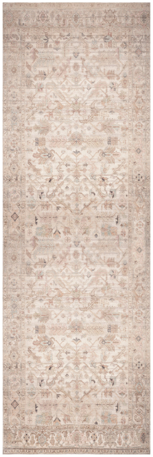 Traditional Persian-style rug runner in pale ivory with pink-beige accents; long narrow shape, medallion and border pattern.
