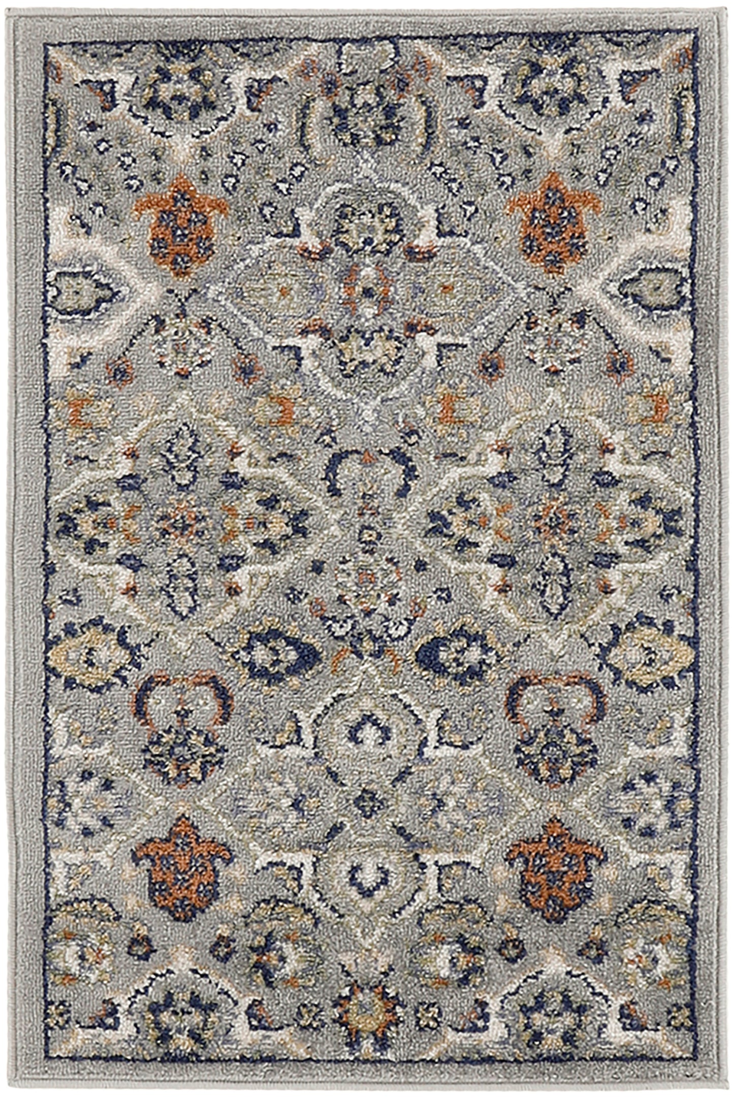 Gray-blue Bohemian-style rug with navy, ivory and orange floral medallions; plush machine-made living-room rug.