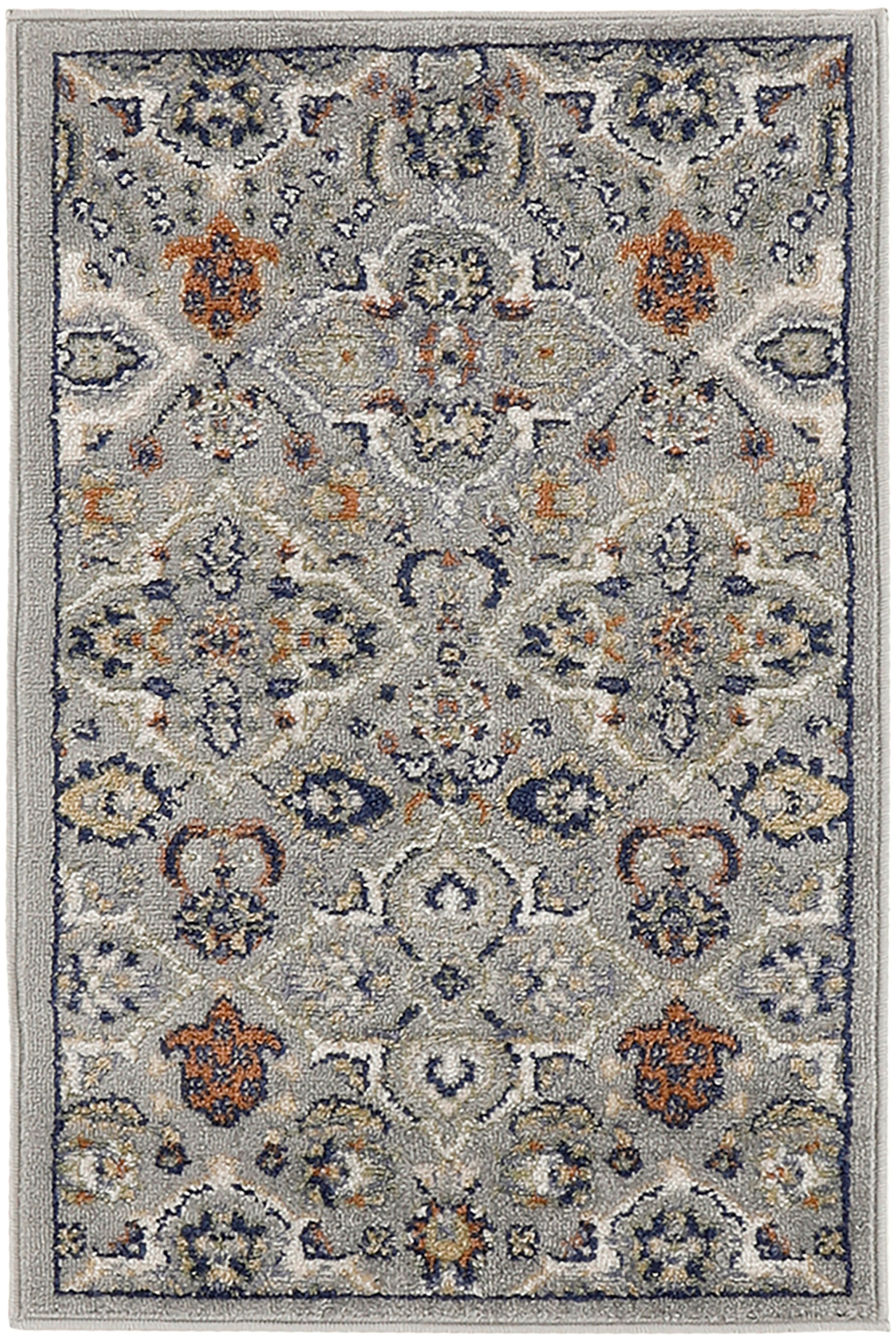 Gray-blue Bohemian-style rug with navy, ivory and orange floral medallions; plush machine-made living-room rug.