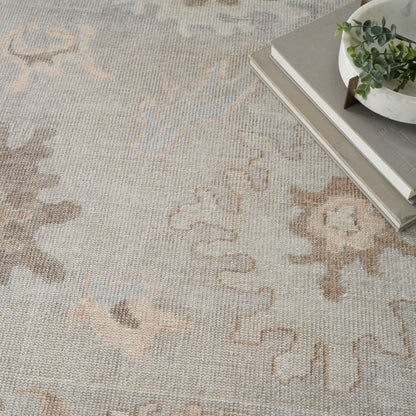 Beige patterned area rug with pale blue and taupe floral motifs; stack of books with a small plant in corner.