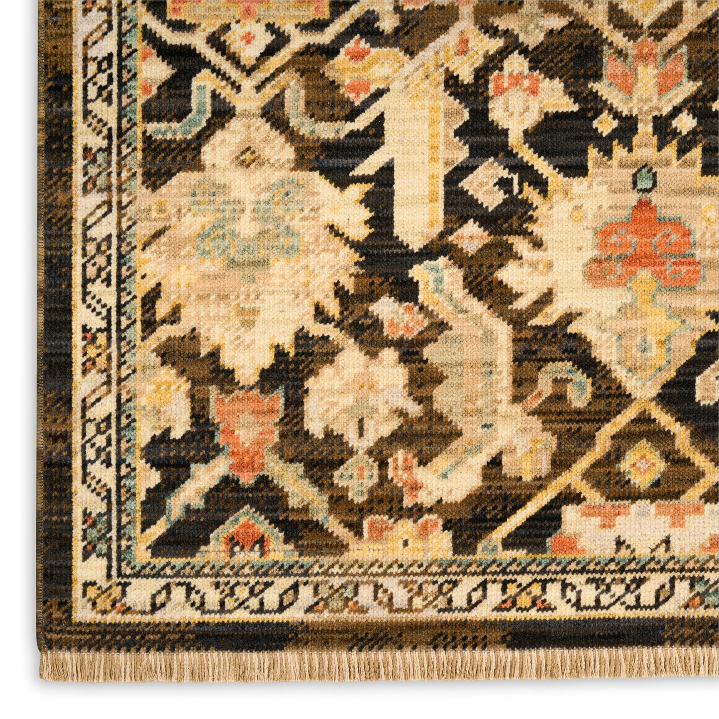 Oriental rug corner with ornate floral medallions in cream, tan, brown, black, blue & red; fringe edge.