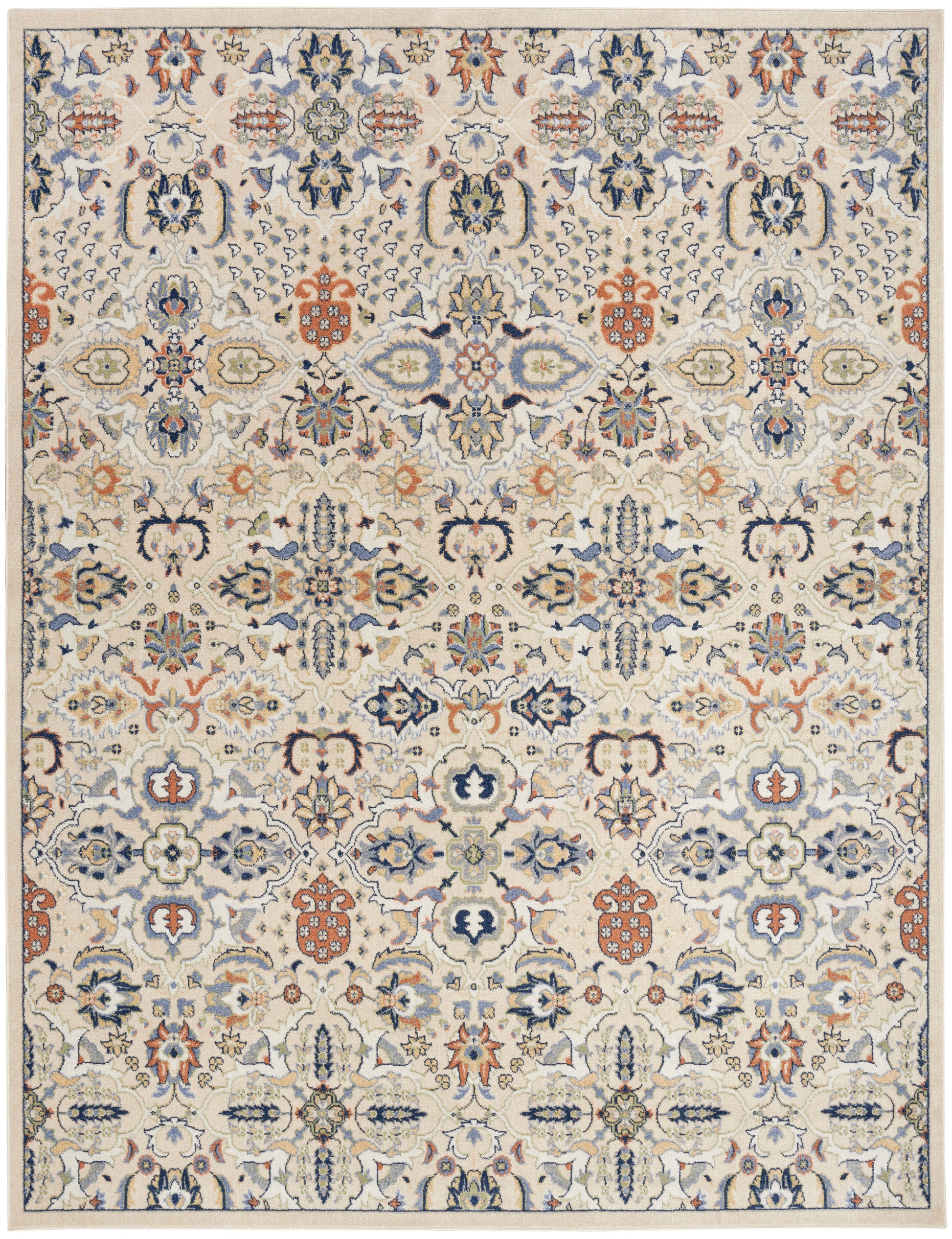 Cream Bohemian rug with blue, navy, coral and sage floral medallions; ornate, symmetrical pattern, rectangular area rug.
