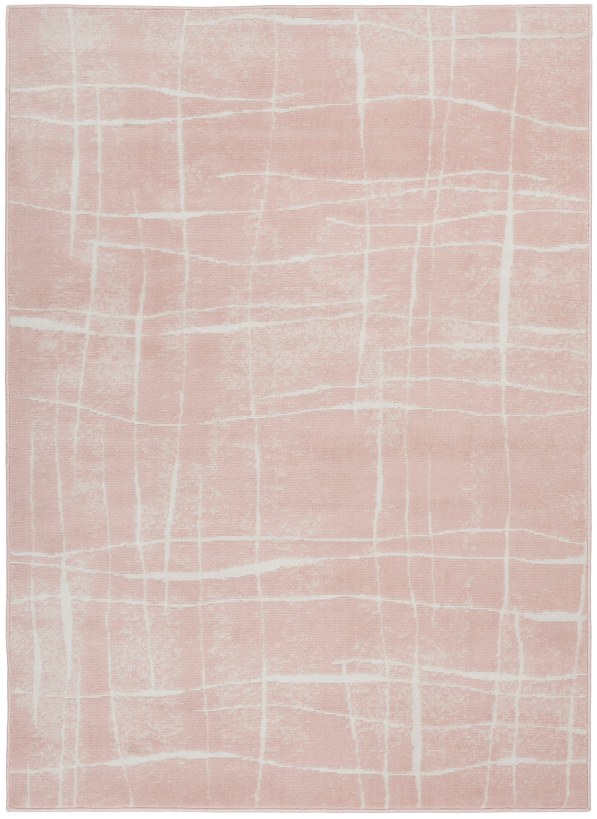 Soft pink rug with subtle white grid lines in a modern geometric pattern.