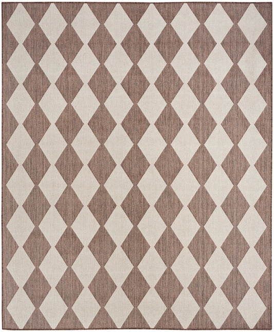 Rectangular rug with cream and brown diamond argyle pattern, woven texture, warm neutral tones.
