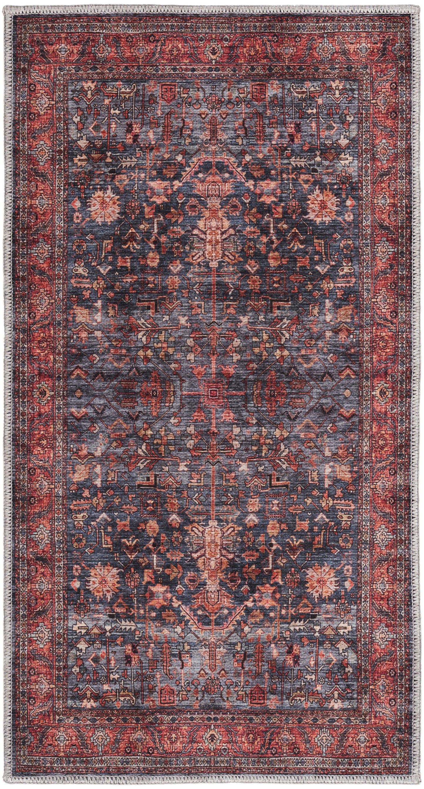 Traditional Persian-style area rug with navy blue field, red border, ornate floral medallions; fringed ends.