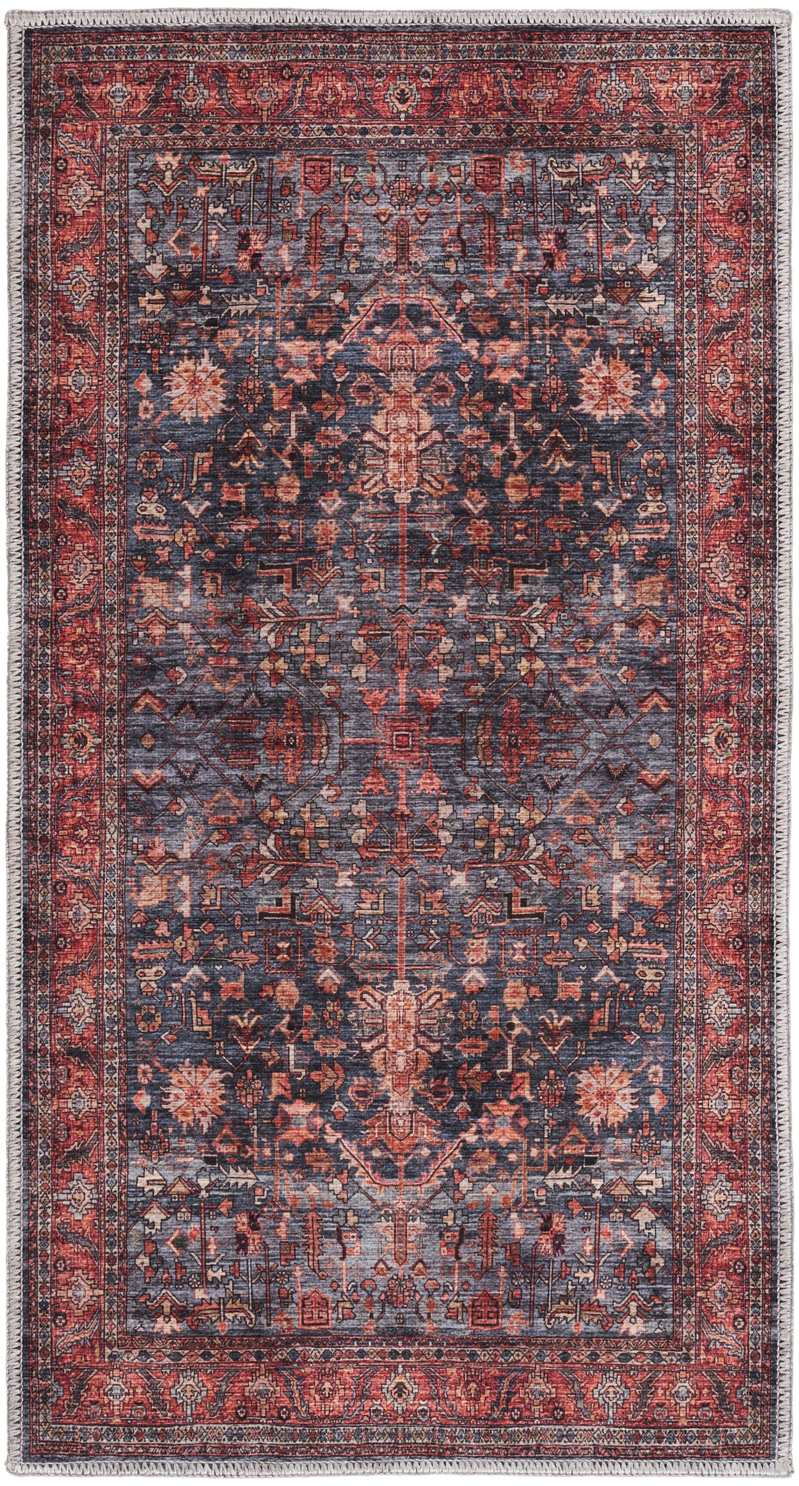Traditional Persian-style area rug with navy blue field, red border, ornate floral medallions; fringed ends.