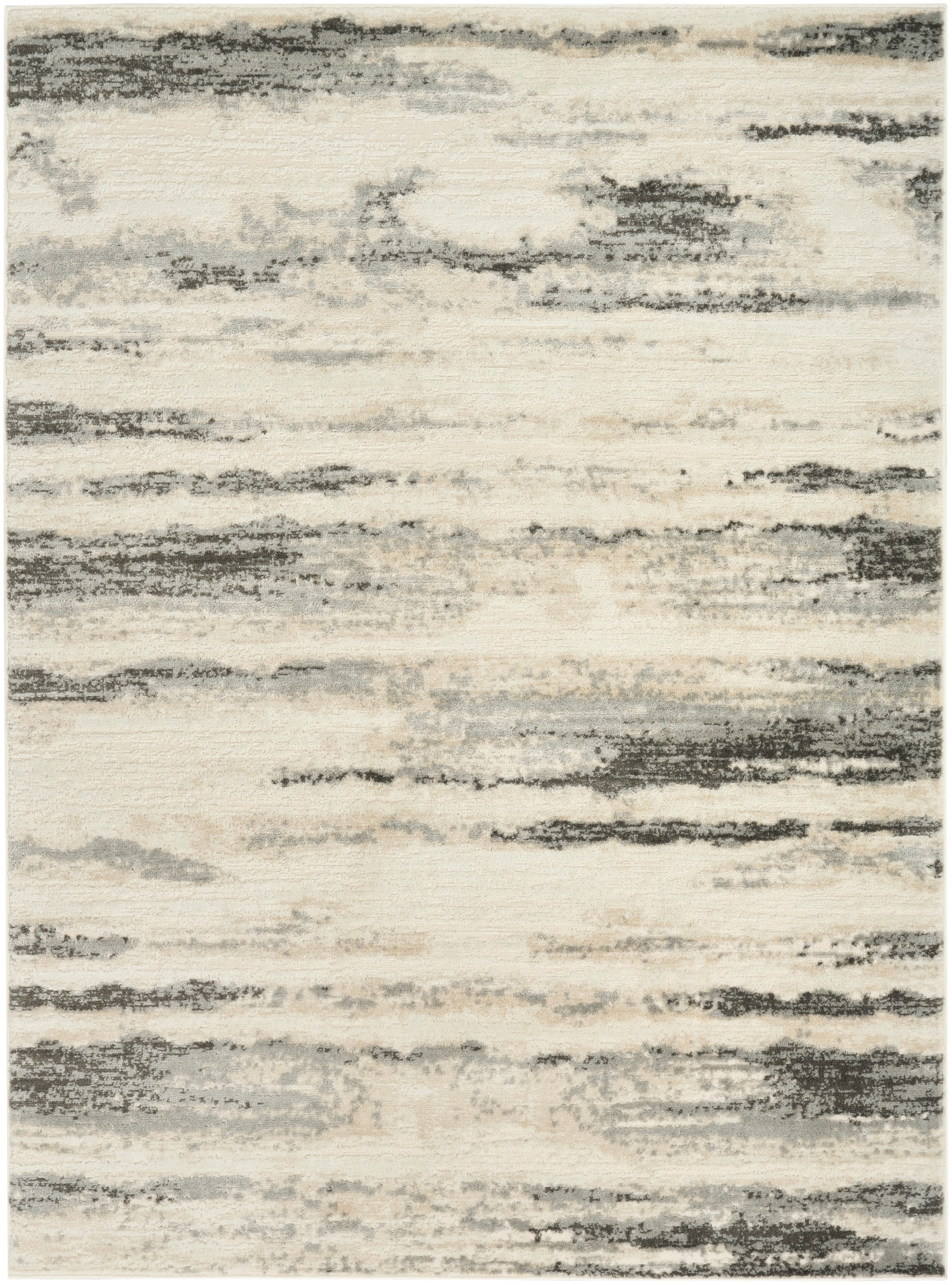 Rectangular area rug with cream background and dark gray abstract brushstroke bands, contemporary design.