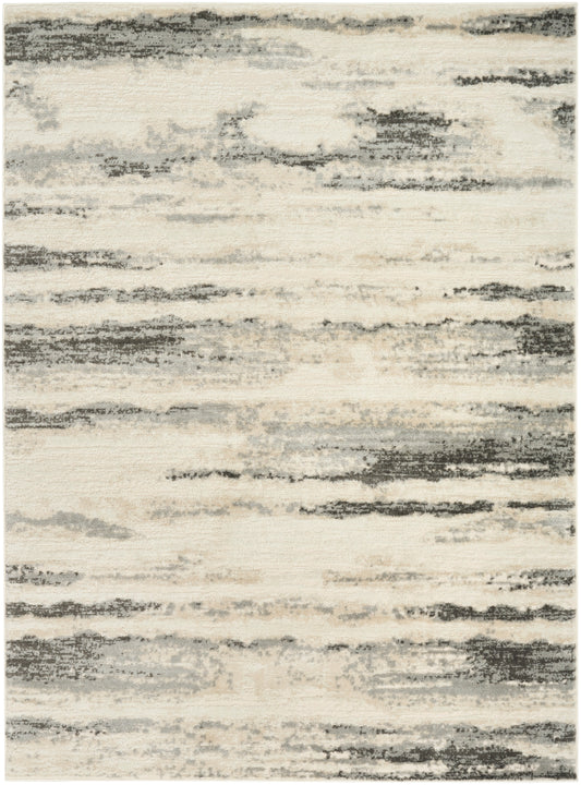 Rectangular area rug with cream background and dark gray abstract brushstroke bands, contemporary design.