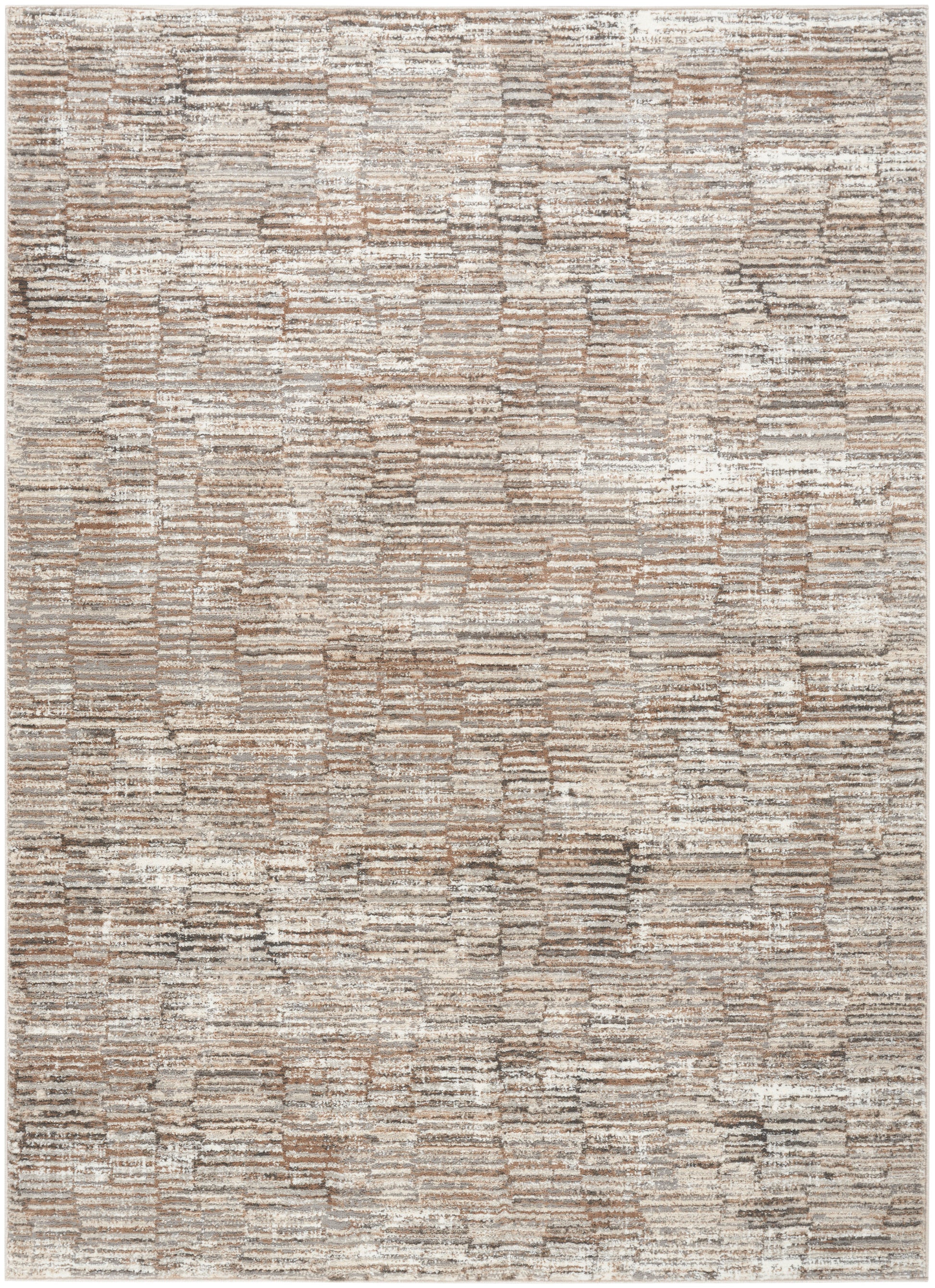 Muted beige-tan-ivory rug with abstract block pattern and soft textured pile; rectangular living room rug.