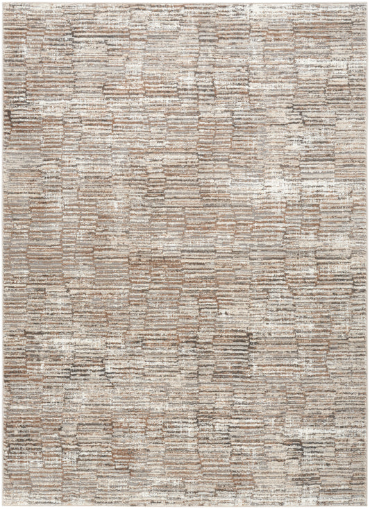 Muted beige-tan-ivory rug with abstract block pattern and soft textured pile; rectangular living room rug.