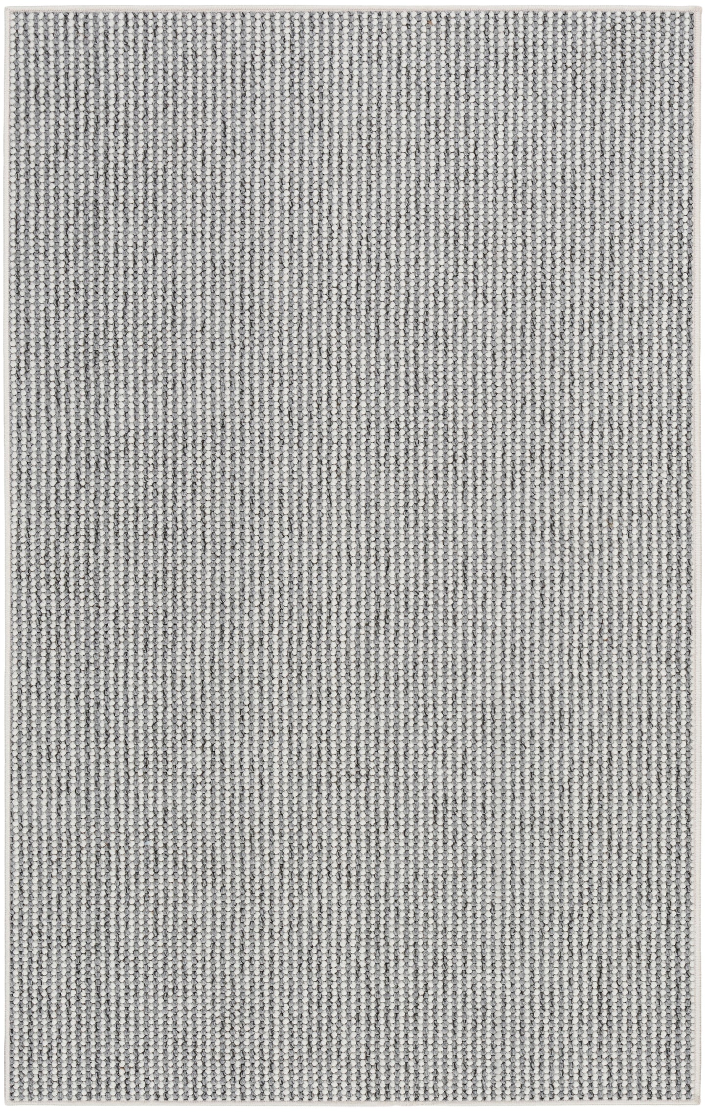 Rectangular grey and ivory woven rug with a tight looped texture, farmhouse decor.