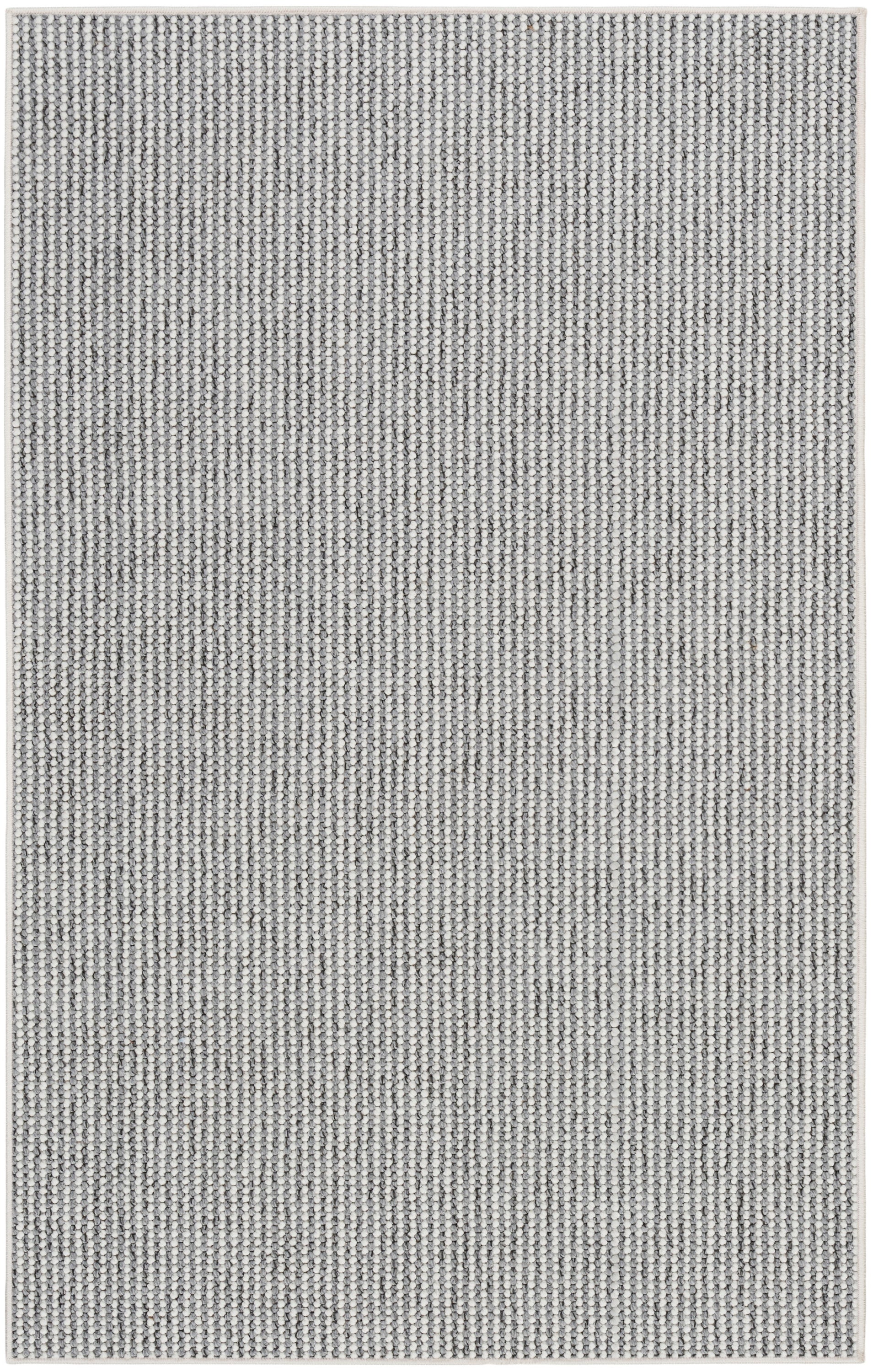 Rectangular grey and ivory woven rug with a tight looped texture, farmhouse decor.