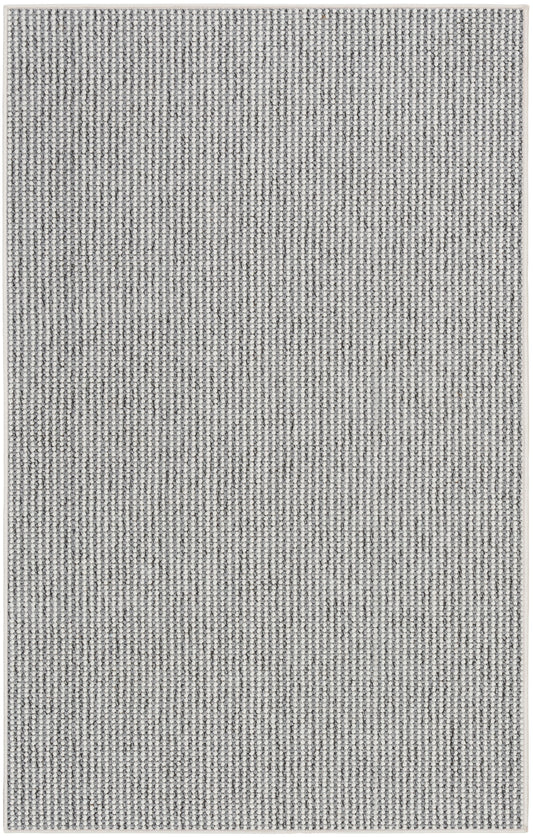 Rectangular grey and ivory woven rug with a tight looped texture, farmhouse decor.