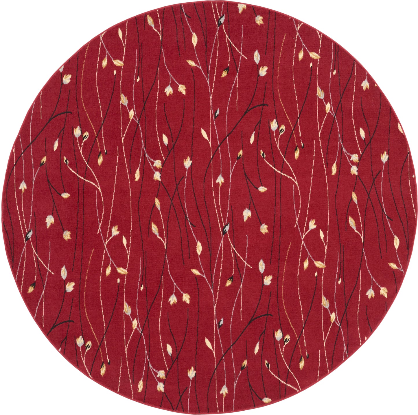 Round red rug featuring white & black abstract vine lines with small tan-yellow leaves; modern botanical pattern.