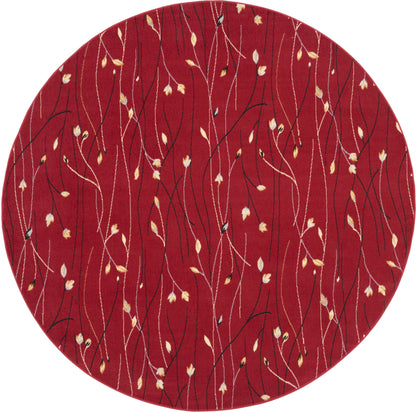 Round red rug featuring white & black abstract vine lines with small tan-yellow leaves; modern botanical pattern.