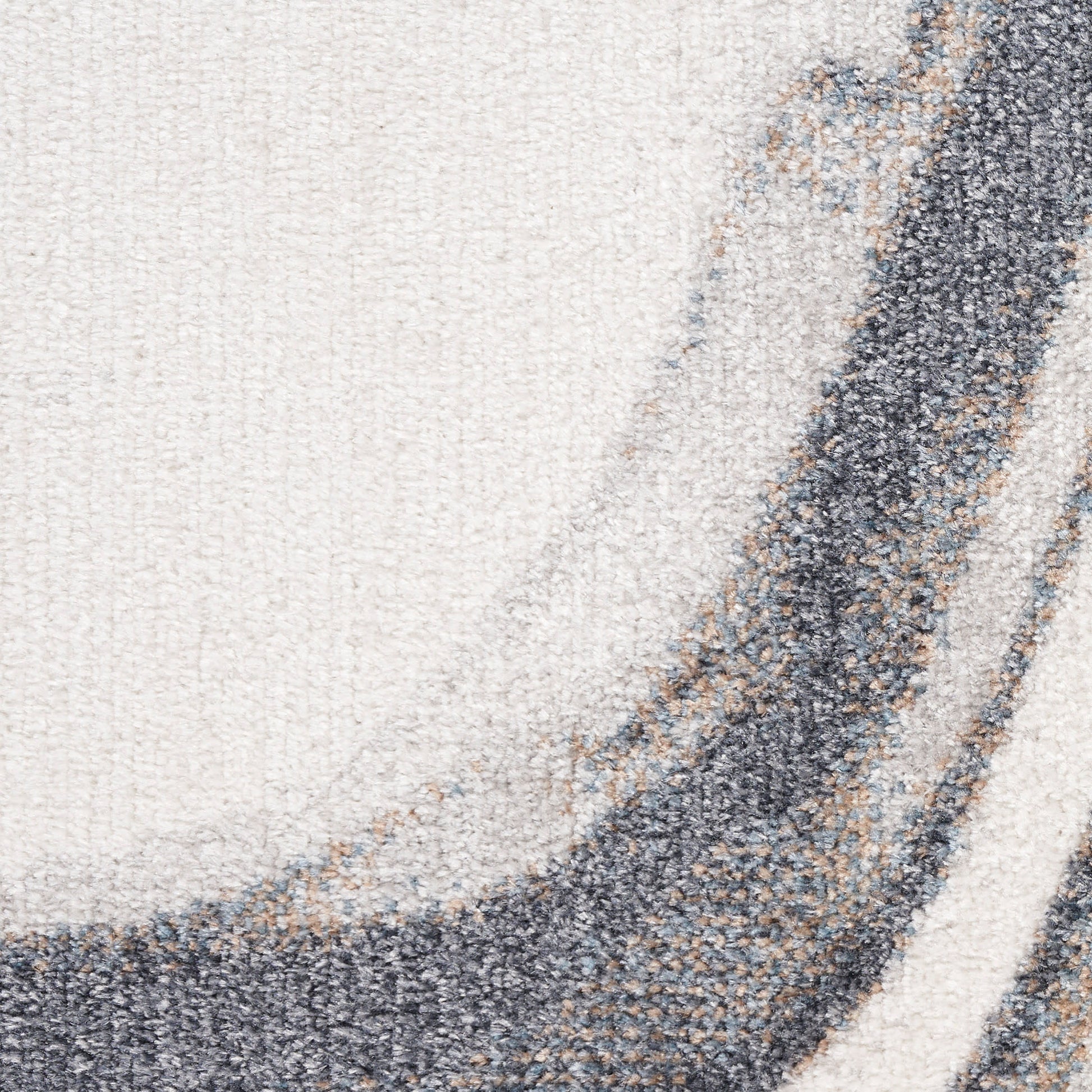 Beige textured rug with an abstract curved charcoal stripe pattern.