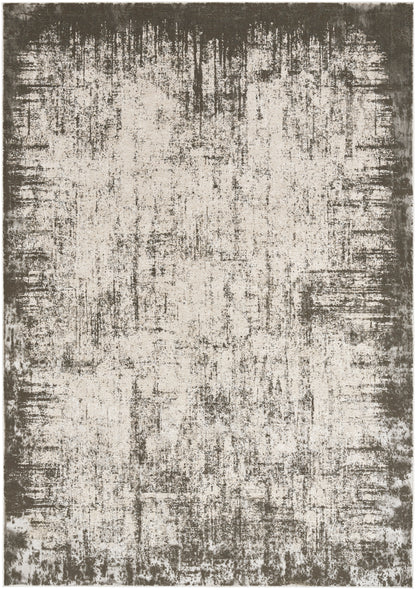 Distressed beige and taupe area rug with a dark brown border and abstract weathered pattern.
