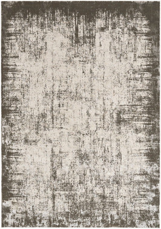 Distressed beige and taupe area rug with a dark brown border and abstract weathered pattern.