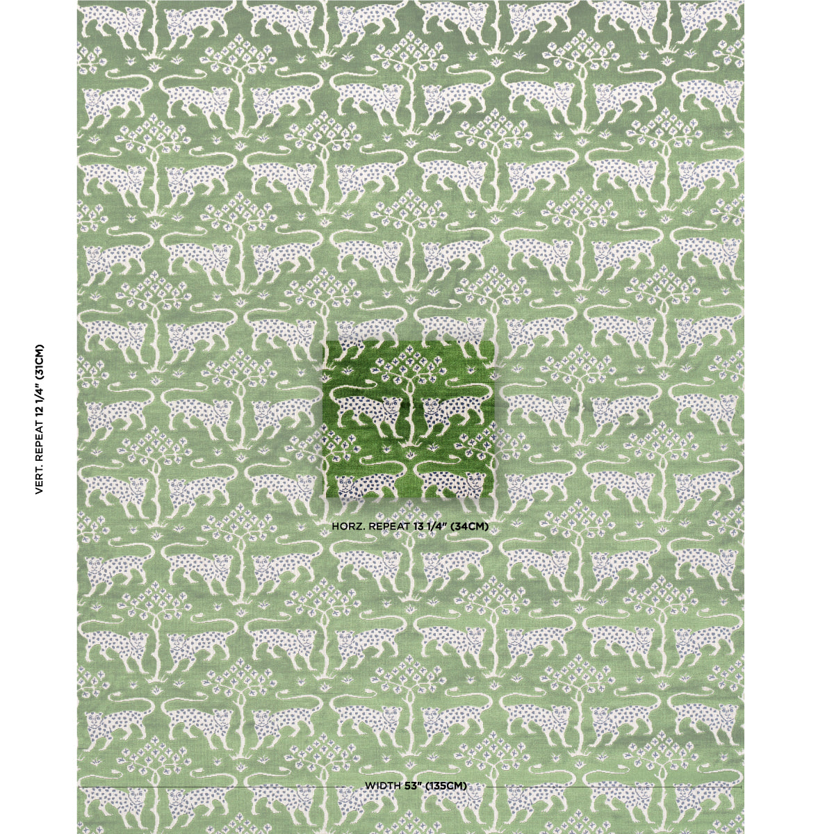 Green fabric with repeating white spotted animal silhouettes and floral motifs.
