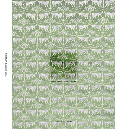 Green fabric with repeating white spotted animal silhouettes and floral motifs.