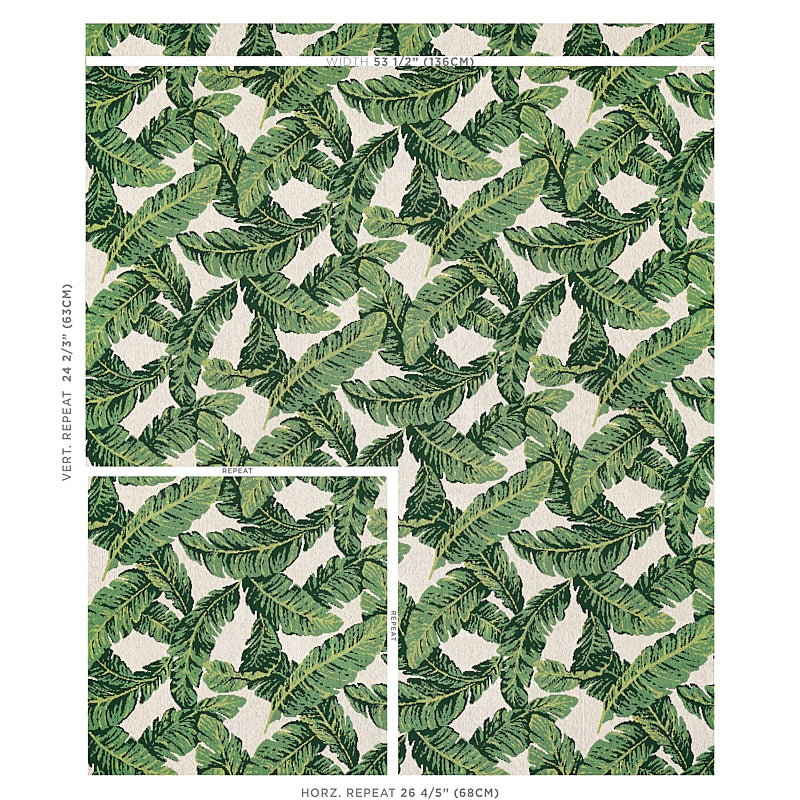 Tropical banana leaf print in greens on beige background; fabric/wallpaper swatch with white outline panels showing repeat.